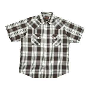 Plains Western Wear Shirt Mens Large Brown Plaid Pearl Snap Short Sleeve Cowboy